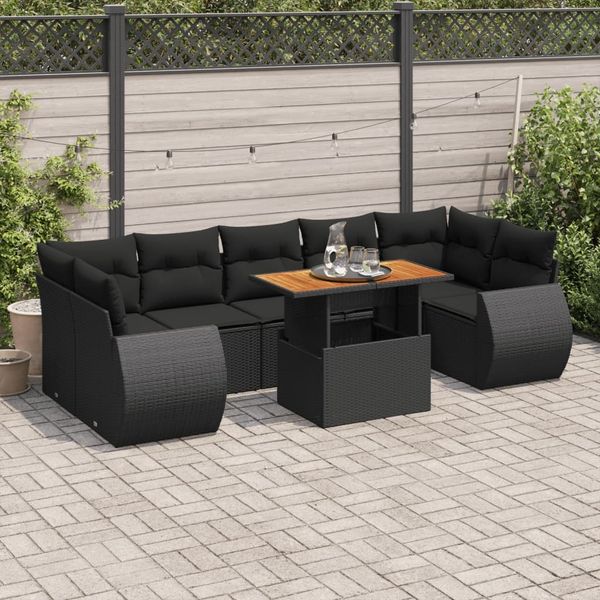 vidaXL 8-tlg. Garten-Sofagarnitur mit Kissen Schwarz Poly Rattan 3327233
