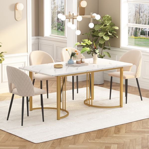 Esstisch 140x80x75 cm moderner Marmor-Küchentisch, Weiß/Gold, verstellbar