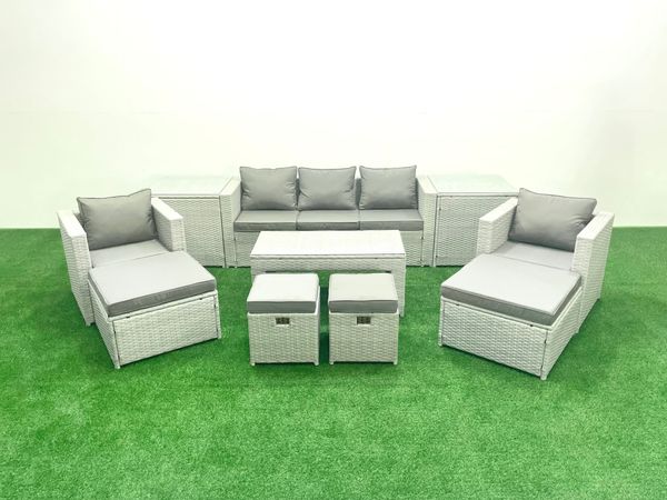 Fimous Polyrattan Gartensofa Set Couchtisch 4 Hockern 2 Beistelltischen Hellgrau gemischt 9-Sitzer