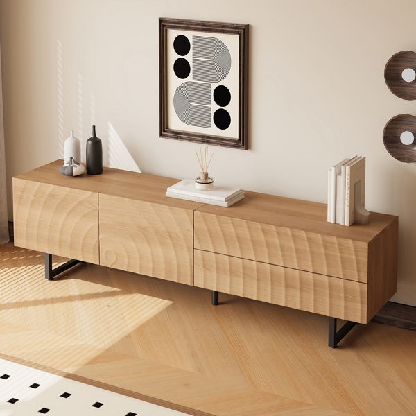 TV-Schrank 180x38x51,5 cm Wellenmaserung Natur Schrank 2 Türen 2 Schubladen grifflos