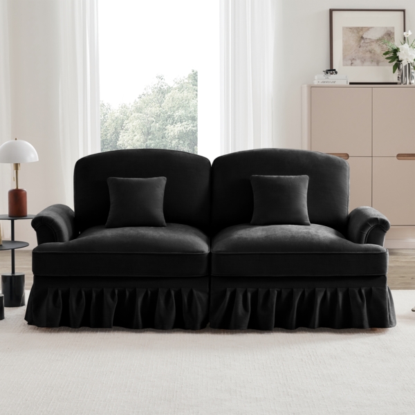 Elegantes großes 2-Sitzer Sofa, mittelalterlich-moderner Stil, flared Armlehnen, abnehmbarer Volant, Holzbeine, bequemer Chenille-Stoff, ideal für Wohnzimmer, Schwarz