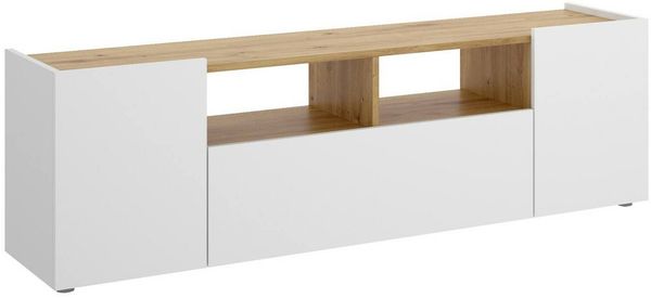 Dmora Vulcano TV-Ständer, niedriges Wohnzimmer-Sideboard, Wohnzimmer-Sideboard für Fernseher, 142 x 35 x 44 cm, Weiß und Asteiche