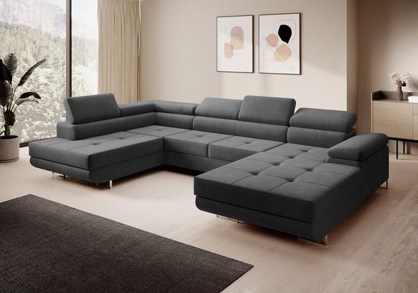 Sofa FERRO, moderne Couch mit verstellbaren Kopfstützen, ausziehbare Polstercouch, Sofa mit Schlaffunktion, zwei Bettkästen, U- Form - Kronos 34, 72 x 201 x 335 cm