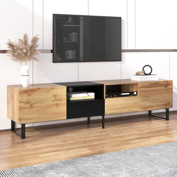Moderner TV-Ständer mit schwarzem und holzfarbenem Design – geräumiger Stauraum, robuste Konstruktion