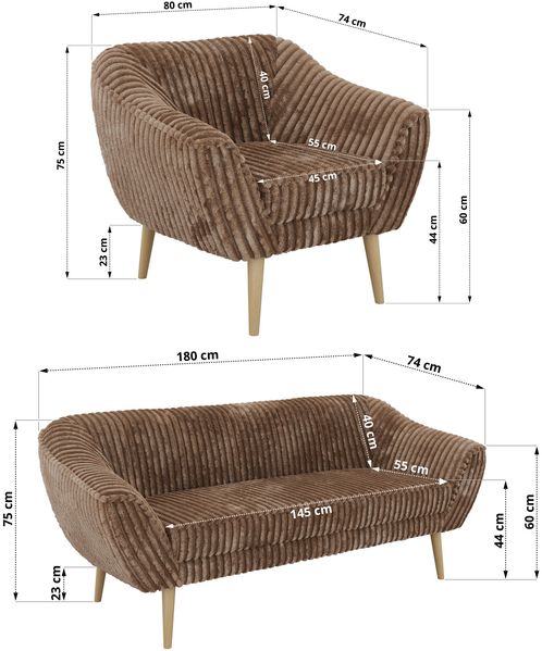 Wohnzimmerset PIRS 1-1-3, Skandinavisches 3-Sitzer Sofa mit Sesseln, Sofa mit Wellenfederung, Buche Füße, Skandinavisches Möbelset - Braun Cord Bild 5