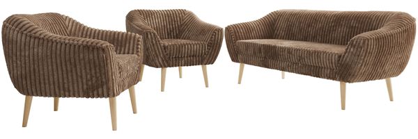 Wohnzimmerset PIRS 1-1-3, Skandinavisches 3-Sitzer Sofa mit Sesseln, Sofa mit Wellenfederung, Buche Füße, Skandinavisches Möbelset - Braun Cord Bild 6