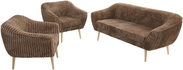 Wohnzimmerset PIRS 1-1-3, Skandinavisches 3-Sitzer Sofa mit Sesseln, Sofa mit Wellenfederung, Buche Füße, Skandinavisches Möbelset - Braun Cord Bild 8