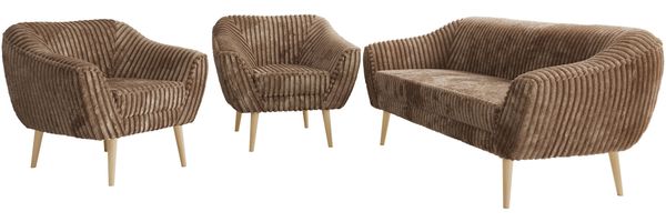 Wohnzimmerset PIRS 1-1-3, Skandinavisches 3-Sitzer Sofa mit Sesseln, Sofa mit Wellenfederung, Buche Füße, Skandinavisches Möbelset - Braun Cord Bild 7