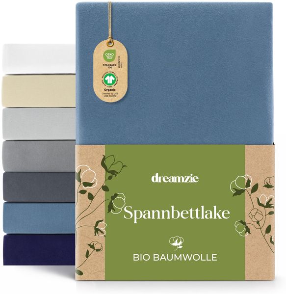 Dreamzie Premium Spannbettlaken 80x200 cm Blau, Spannbetttuch aus 100% Jersey Biobaumwolle, 150 g/m² - Oeko-TEX
