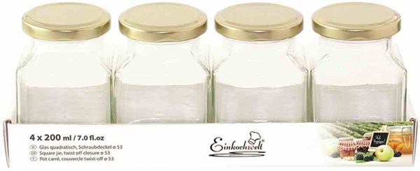 Quadratglas 4x200ml + Schraubdeckel Glas Einmachglas Einweckglas Marmeladenglas