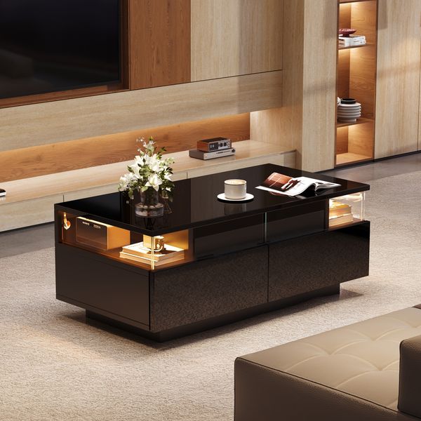 Couchtisch 90 x 45 x 35,5 cm mit LED, herausnehmbarem Tablett und 2 Schubladen, Hochglanz Schwarz