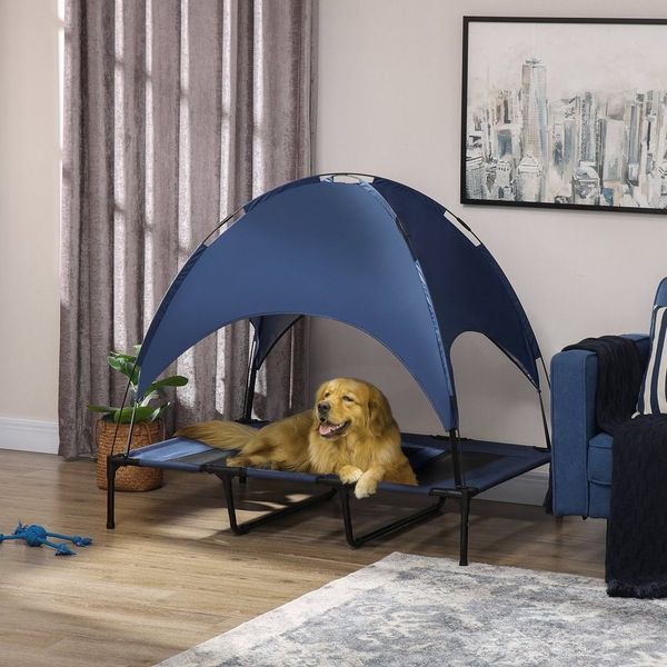 PawHut Tierbett mit Baldachin, Erhöhtes Hundebett, Atmungsaktiv, Oxford, Netzstoff, Taftstoff, für Garten, Balkon, Dunkelblau