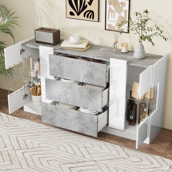Sideboard 140 x 35 x 75 cm aus MDF/Spanplatte mit Glas, Marmorlook & LED, 2 Türen/3 Schubladen
