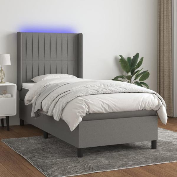 vidaXL Boxspringbett mit Matratze & LED Dunkelgrau 90x190 cm Stoff 3138438