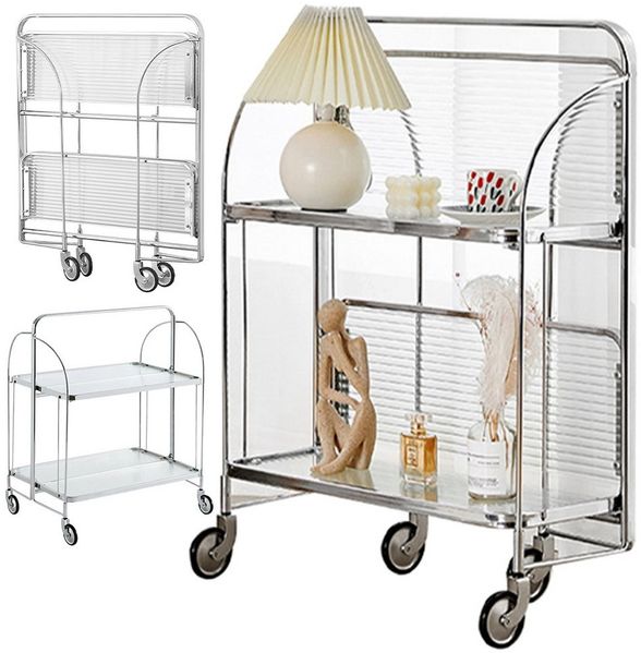 Rhein Beleuchtung Servierwagen Faltbarer Edelstahl-Servierwagen mit Glasablagen 2 Etagen, (Barwagen 68×38×80 cm, kein Aufbau nötig, mobil & modern), Küchenwagen auf Rollen mit Bremse, klappbar & platzsparend