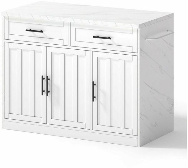 BlingBin Kücheninsel Moderne Küchenwagen mit Barthekenfunktion, (120×60×91 cm mit 2 Schubladen, 3 Türen, Steckdosen & USB, Arbeitsplatte), MDF-Korpus, Metallgriffen & Handtuchhalter in weißer Marmoroptik