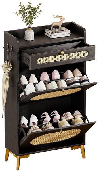 Yorbay Schuhschrank Schmal,Schuhkipper mit 2 Klappen & 1 Schublade,Rattan-Deko (60 x 24 x 110,5 cm) Metallbeinen & Haken, für Flur & Eingangsbereich
