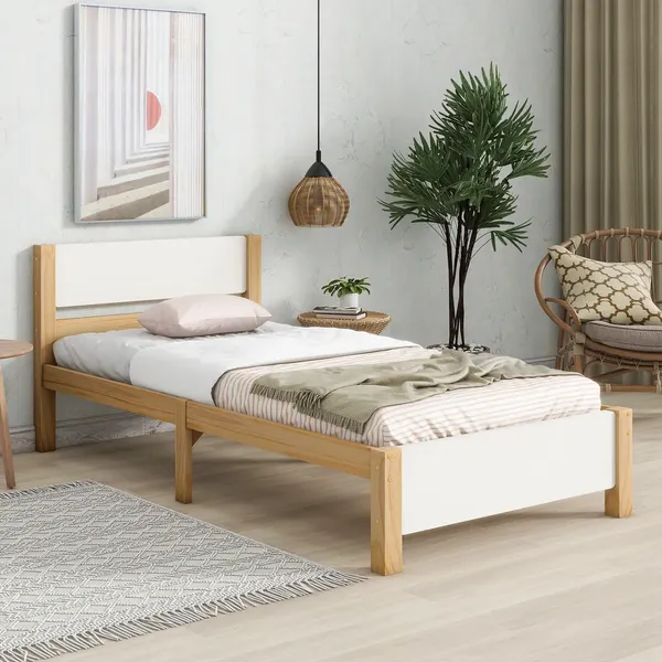 Massivholzbett, Einzelbett mit Lattenrost und Kopfteil, 90x200 cm, Holzbett, Jugendbett, Kiefer