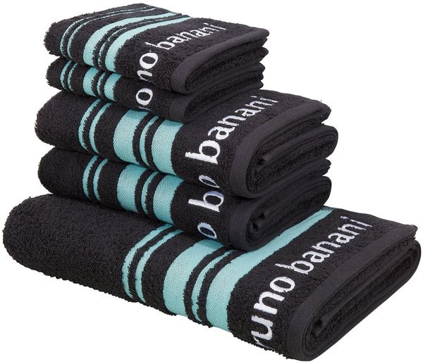 Bruno Banani Handtuch Set Daniel, 1 Duschtuch 70x140, 2 Handtücher 50x100, 2 Gästetücher 30x50, Walkfrottee (Set, 5-St), Streifen-Bordüre & Markenlogo, weich, 100% Baumwolle