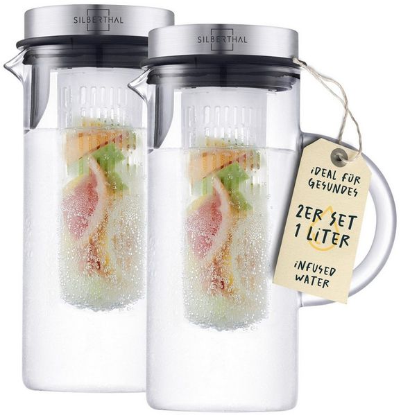 SILBERTHAL Wasserkaraffe 2er Set 1 Liter Glaskaraffe mit Fruchtsieb und Deckel, (2-tlg), für Kalt- & Heißgetränke