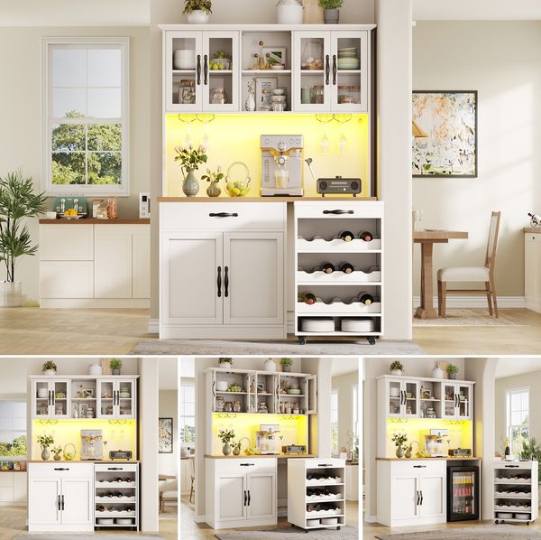 140cm Küchenschrank mit Rollwagen, Hochschrank mit LED-Beleuchtung, Pantryschrank mit Weinglasregal & Weinregal, Beleuchteter Sideboard Schrank für Wohnzimmer, Esszimmer