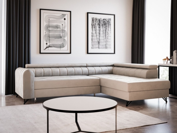 Ecksofa Alice mit Schlaffunktion und Bettkasten, Wohnlandschaft mit einstellbare Kopfstützen, Couch, Sofa, Bettsofa, Schlafsofa (Beige (Paros 02), Ecksofa Rechts)