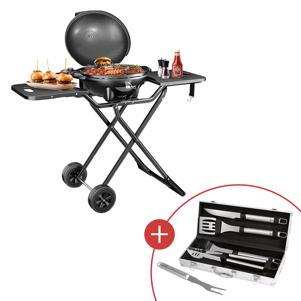 KESSER® 2in1 Elektro-Tisch- & Standgrill, faltbar, 44 × 34 cm Grillplatte, Deckelthermometer, Antihaftbeschichtung mit CHECK24 Grillkoffer