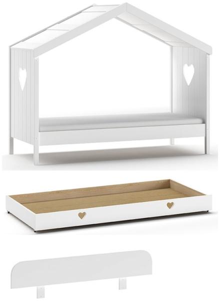 Hausbett Amori mit Absturzschutz, Liegefläche 90x200 cm, inkl. Rolllattenrost und Bettschublade, Ausf. Kiefer und MDF weiß lackiert Bild 3
