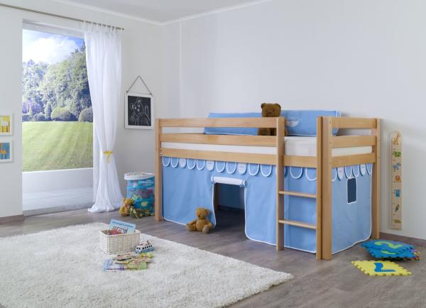 Halbhohes Spielbett ALEX Buche massiv natur lackiert mit Stoffset Vorhang