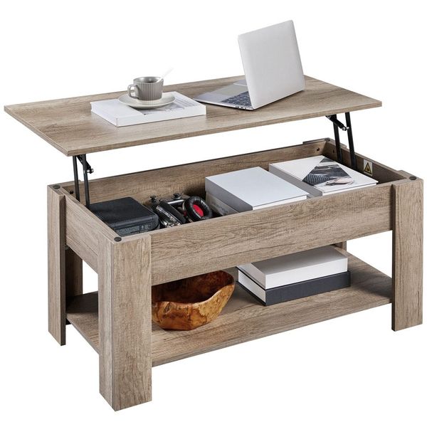 Yaheetech Couchtisch mit höhenverstellbarer Platte und verstecktem Stauraum, Holz, 42 x 50 x 98 cm, Grau