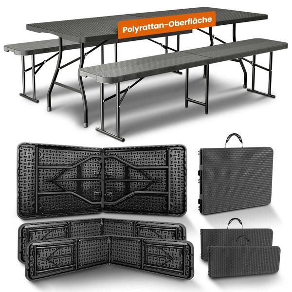 NewHabitat Bierzeltgarnitur 3-tlg., klappbar & wasserabweisend, Polyrattan, 1 Tisch & 2 Bänke