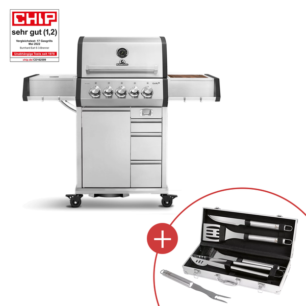 BURNHARD® ‘EARL’ Gasgrill, 3-Brenner, Infrarot-Keramikbrenner, Heckbrenner, Seitenkochfeld, 59,5 × 43 cm Grillfläche mit CHECK24 Grillkoffer
