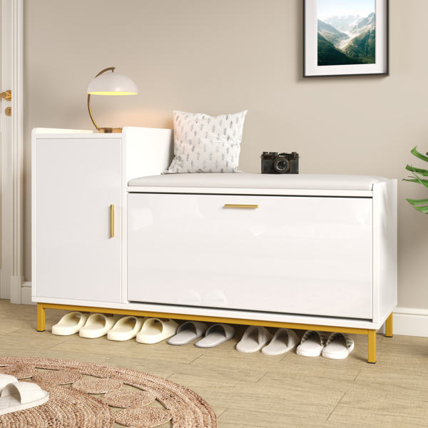 Schuhschrank Weiß Gold Hochglanz mit Sitzbank, 2-stöckiges Schuhregal & Schrank, verstecktes Regal Eingangsban Bild 3