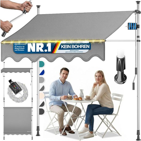KESSER® Klemmmarkise mit Handkurbel & LED Lichterkette | Balkonmarkise ohne Bohren | Markise UV-beständig höhenverstellbar & wasserabweisend | Sonnenschutz für Balkon Terrasse & Garten Grau, 300cm Bild 2