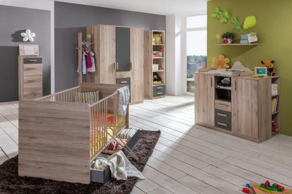 Babyzimmer Cariba 8 teilig Eiche San Remo und Graphit mit Kleiderschrank, Kinderbett Babybett mit Lattenrost und Umbauseiten, Bettschubkasten, Wickelkommode und Regalen - Kinderzimmer komplett Set von Wimex - MD110891