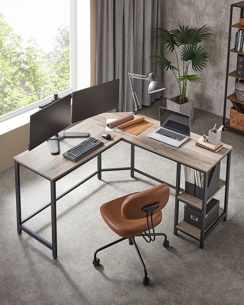 VASAGLE L-förmiger Eckschreibtisch mit 2 Ablagen, Industrie-Design, Schwarz/Natur, 138x138x76cm