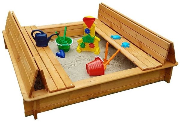Promadino 'Donald' Sandkasten mit klappbarer Abdeckung, Holz honigbraun, 140 x 140 x 24 cm