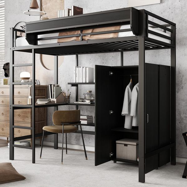 Merax Hochbett (1-St) Etagenbett 90x200cm mit Kleiderschrank,Ablagefächer,Tisch & Leiter