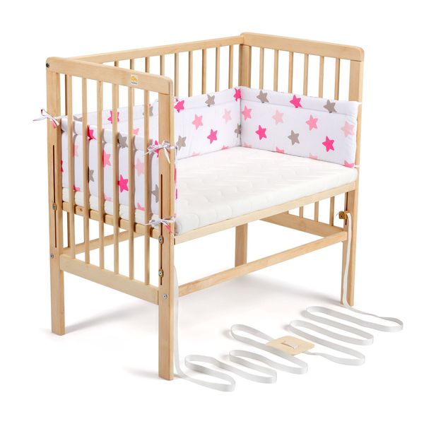 FabiMax 4528 'BOXSPRING' Beistellbett natur, inkl. Matratze 'COMFORT' und Nestchen 'Sterne' rosa auf weiß