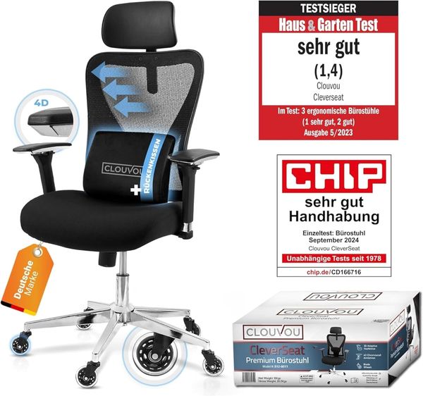CLOUVOU CleverSeat, ergonomischer Bürostuhl, Rückenlehne mit Mesh Bezug, 4D-Armlehnen, 3D-Kopfstütze, BladeWheels, Schwarz