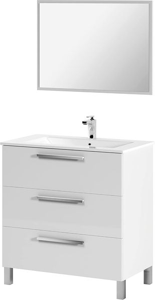 Dmora Waschtischunterschrank Palmdale, Badezimmerschrank mit 3 Schubladen und Spiegel, Waschbecken nicht im Lieferumfang enthalten, Glanzweiß, 80 x 45 x 86 cm