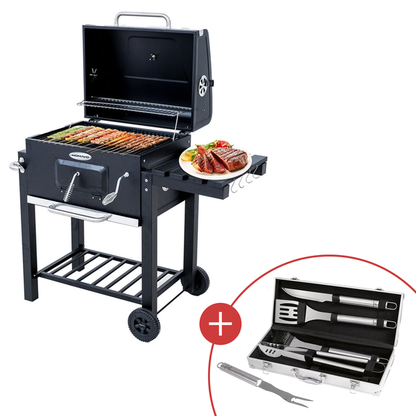 HOMAVO Holzkohlegrill, höhenverstellbare Kohlenwanne, klappbarer Seitentisch, Deckelthermometer, inkl. Abdeckhaube, 56 × 42,5 cm Grillfläche mit CHECK24 Grillkoffer