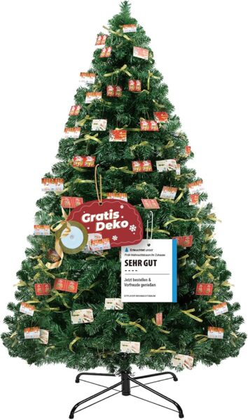 Künstlicher Weihnachtsbaum Weihnachtsdeko 195cm PVC Material mit 1000+ Spitzen Thickened Branches mit dekorativen Schleifen & Grußkarten, Stabiler Metallständer