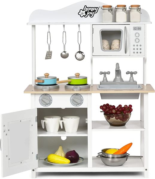 COSTWAY Kinderküche Holz, Kinder Spielküche mit Zubehör, Spielzeugküche Holzküche mit Spüle Backofen Mikrowelle Herd und Küche Set, Kinder Küche Weiß