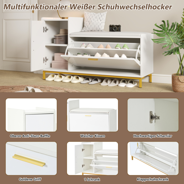 Schuhschrank Weiß Gold Hochglanz mit Sitzbank, 2-stöckiges Schuhregal & Schrank, verstecktes Regal Eingangsban Bild 7