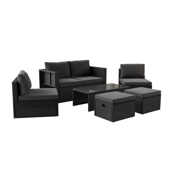 Juskys Polyrattan Gartenmöbel Set Salou - Outdoor Lounge wetterfest 6 Personen - Sitzecke mit Tisch & Kissen für Garten, Balkon, Terrasse - Schwarz