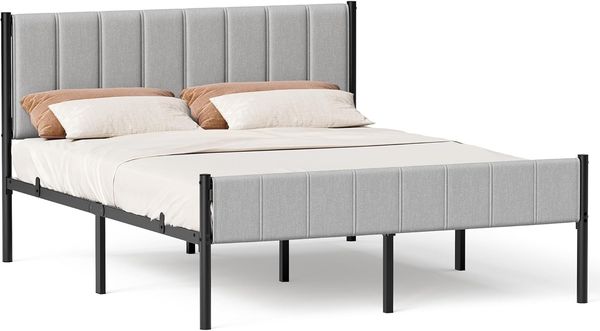 VASAGLE Doppelbett, 160x200 cm, mit gepolstertem Kopfteil, Bettrahmen, Stahl-Latten, trägt bis zu 500 kg, Stahl/Textil Taubengrau