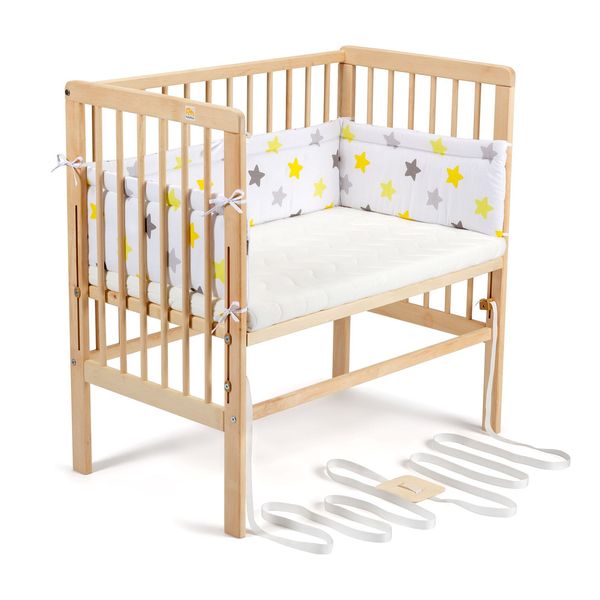FabiMax 4529 'BOXSPRING' Beistellbett natur, inkl. Matratze 'COMFORT' und Nestchen 'Sterne' gelb auf weiß