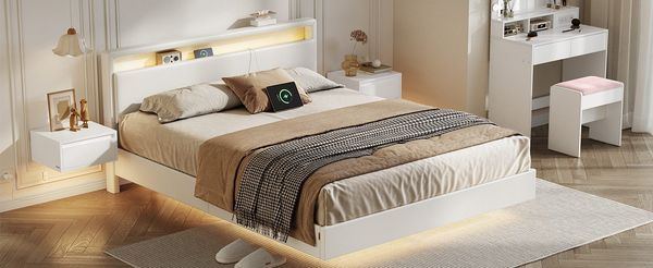VASAGLE Bettgestell, Doppelbettgestell, 167 x 213 cm, schwebender visueller Effekt, Bett mit LED-Beleuchtung, hohem Kopfteil, Ladestation, modern, wolkenweiß
