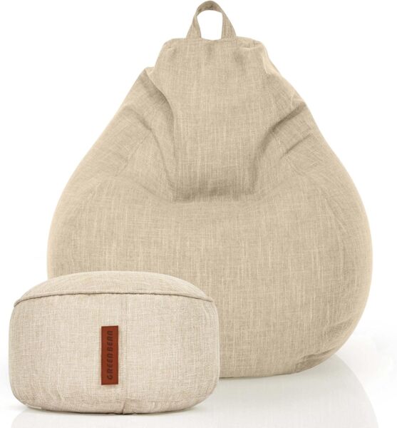 Green Bean© 2er Set Indoor XXL Sitzsack "Home Linen" + Hocker mit EPS-Perlen Füllung - Sitz-pouf Sitzkissen Sitzhocker Bean Bag Sand Creme